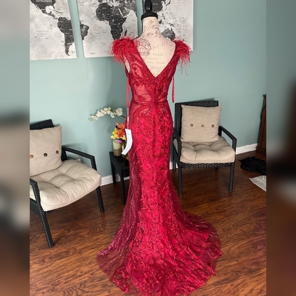 Portia & Scarlett feather red sparkly evening gown, formal dress or pageant gown - Picture 4 of 7